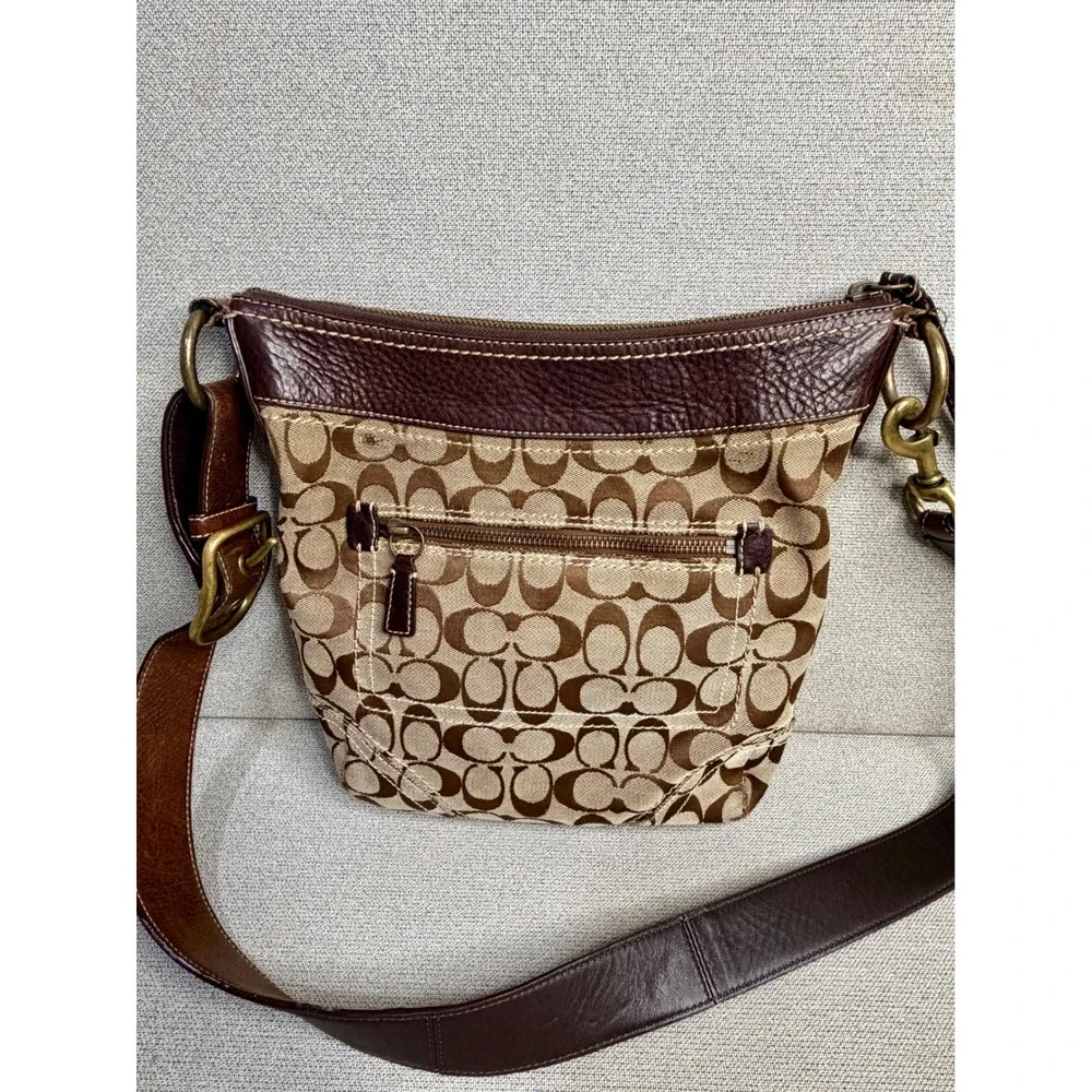 Y2K Coach Signature Jacquard Crossbody Bag Brown Leather Trim 10403 VTG‎ Khaki